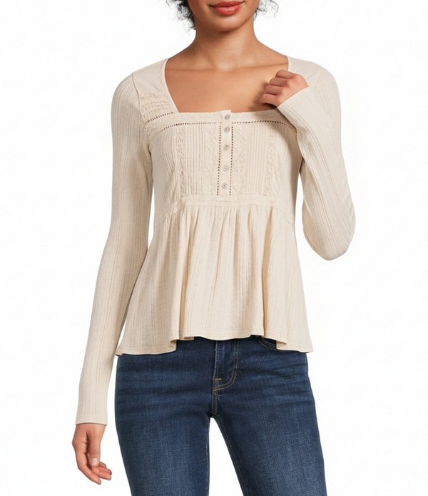 ラッキーブランド レディース トップス シャツ リブニット 刺繍 ニット Lucky Brand Rib Knit Embroidered Square Neck Long Sleeve Peplum Top Sepia Rose