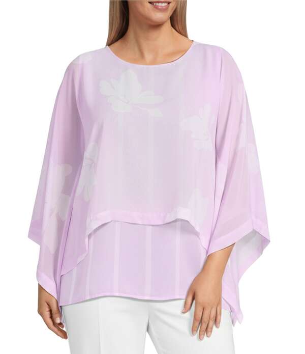 インベストメンツ レディース トップス シャツ シフォン クルーネック フラワー柄 プラスサイズ プリント フラワー Slim Factor by Investments Plusize Floral Print Chiffon 3/4 Sleeve Crew Neck Double Layer Top Scattered Orchid Blooms