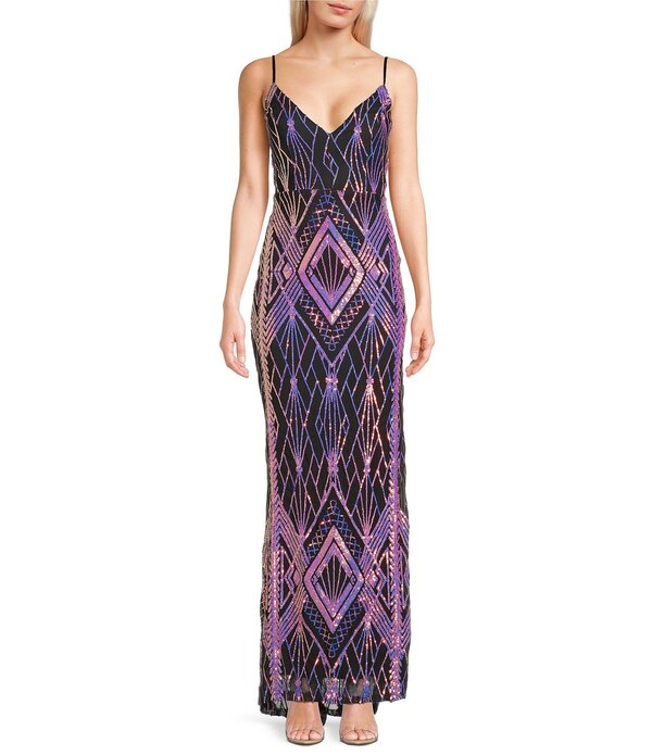 ハニーアンドロージー レディース トップス 衣装 Vのど首 スパンコール Honey and Rosie Deep V-Neck Sequin Patterned Gown Black/Pink 黒いこと ワンピース-レディースファッション