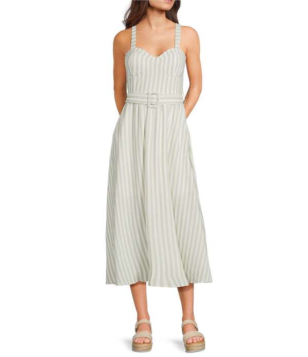 ブルーペッペーブルーペッパー レディース トップス ワンピース ミディ Blu Pepper Striped Sweetheart Neck Belted Midi Dress Light OLive オリーブ|ReVida 店