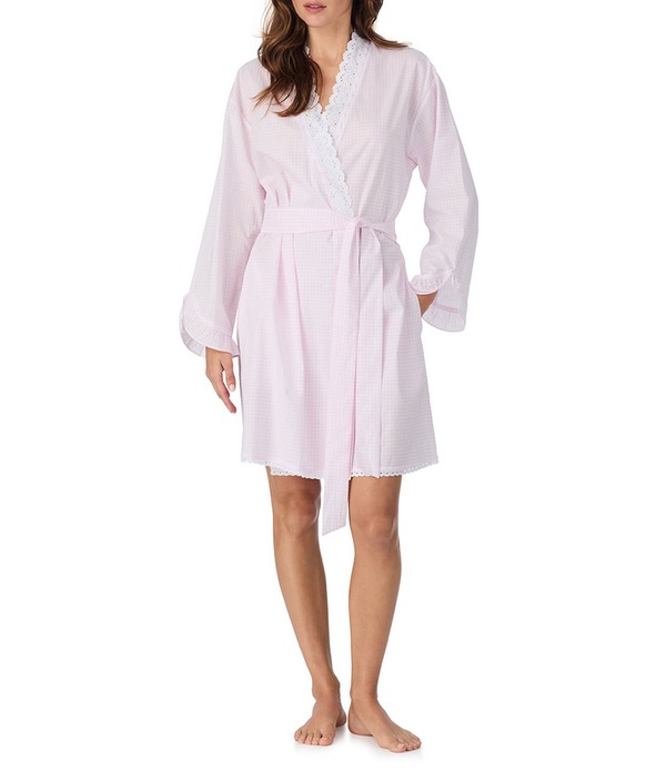 エイレーンウェスト レディース アンダー御召しもの ナイト爵御召しもの 刷り上げる Eileen West Check Print Swiss Dot Long Sleeves Coordinating Short Woven Wrap Robe Pink Check サクラ色