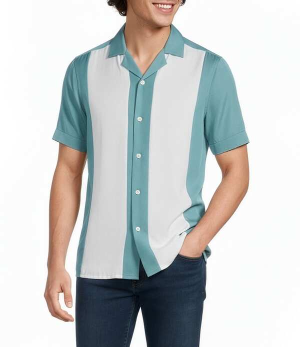 ムラノ メンズ トップス シャツ スリムフィット Murano Palm Springs Collection Stripe Slim Fit Short Sleeve Camp Shirt Marine Teal ティール