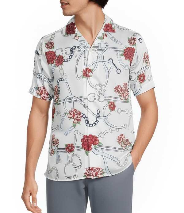 ムラノ メンズ トップス シャツ スリムフィット プリント ダービー Murano Corsa Di Cavalli Derby Collection Slim Fit Derby Print Short Sleeve Woven Shirt Soft White ホワイト