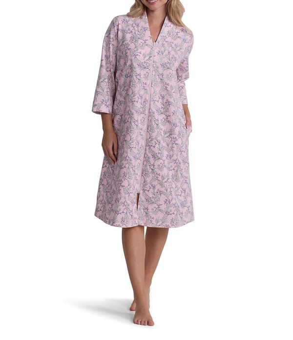 ミス エレーン レディース アンダーウェア ナイトウェア Vネック フラワー柄 プリント パイル ニット フラワー Miss Elaine Springtime Floral Print 3/4 Sleeve V Neck French Terry Knit Short Zip Robe Pink Springtime Floral ピンク 17,266円