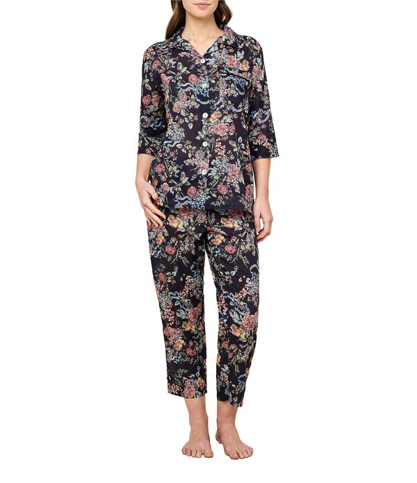 パピネール レディース アンダーウェア ナイトウェア フラワー柄 プリント クロップド フラワー Papinelle Layla Floral Print 3/4 Sleeve Notch Collar Woven Lightweight Voile Cropped Pajama Set Navy ネイビー