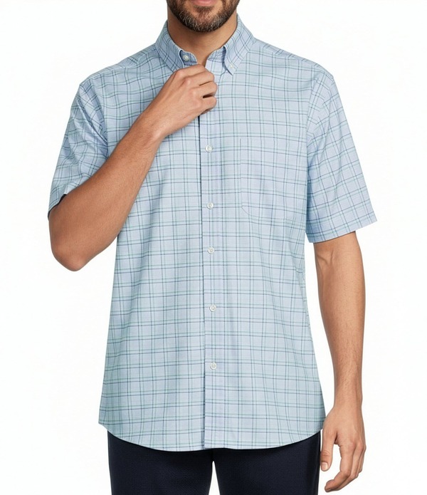 ラウンドトゥリーアンドヨーク メンズ トップス シャツ Roundtree & Yorke TravelSmart Easy Care Short Sleeve Twill Medium Plaid Sport Shirt Light Periwinkle チェック|ReVida 店