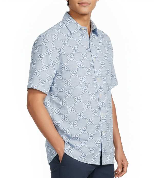 ラウンドトゥリーアンドヨーク メンズ トップス シャツ プリント Roundtree & Yorke Short Sleeve Geo Print Hangout Sport Shirt Blue ブルー｜ReVida 店