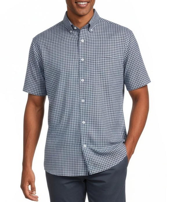 ラウンドトゥリーアンドヨーク メンズ トップス シャツ ボタンダウン Gold Label Roundtree & Yorke Non-Iron Button Down Collar Short Sleeve Small Plaid Sport Shirt Dark Blue ブルー