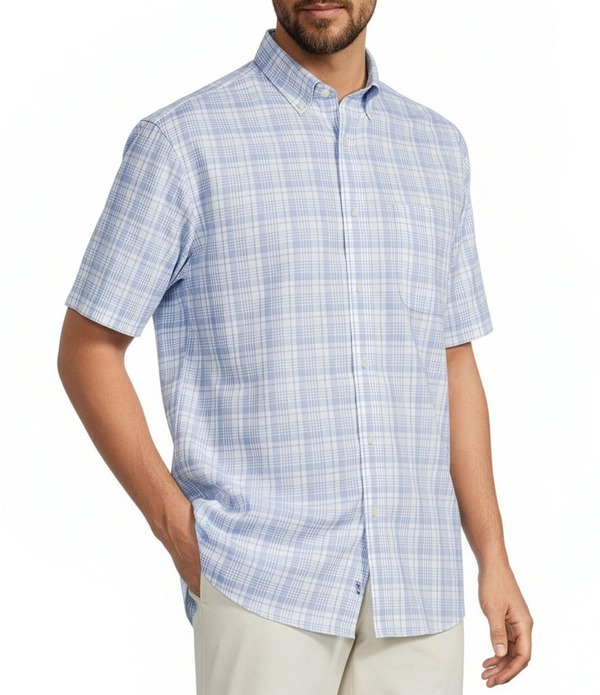 ラウンドトゥリーアンドヨーク メンズ トップス プルオーバー Gold Label Roundtree \u0026 Yorke Non-Iron Short Sleeve Large Plaid Sport Shirt Blue 青色 トップス-カジュアルシャツ