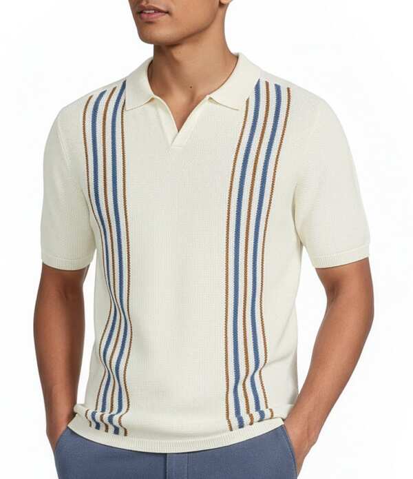 ラウン メンズ アウター ニット・セーター シャツ Rowm Short Sleeve Striped Johnny Collar Knit Sweater Shirt Cream クリーム