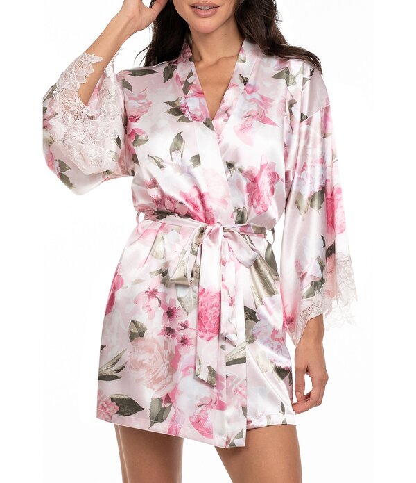 インブルーム レディース アンダーウェア ナイトウェア フラワー柄 サテン フラワー In Bloom By Jonquil Satin Floral 3/4 Sleeve Tie-Front Coordinating Short Lingerie Robe Rose Water