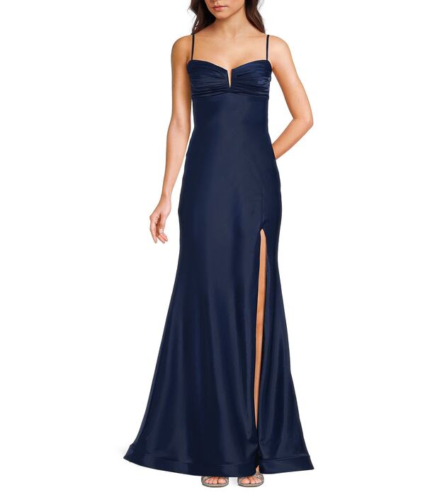 ビーダーリン レディース トップス 衣装 Vのど首 筋目 スピード競技 B. Darlin Pleated V-Neck Lace Up Back Long Dress Navy 米国海軍 レディースファッション-ワンピース