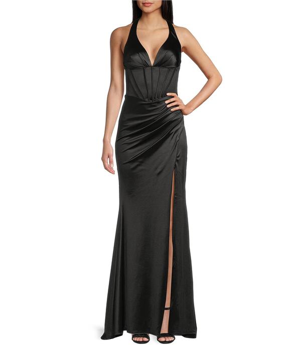 ビーダーリン レディース トップス 衣装 側面細長い切口 Vのど首 ギャザー ホルター B. Darlin Halter V-Neck Corseted Ruched Side Slit Long Dress Black 黒いこと レディースファッション-ワンピース