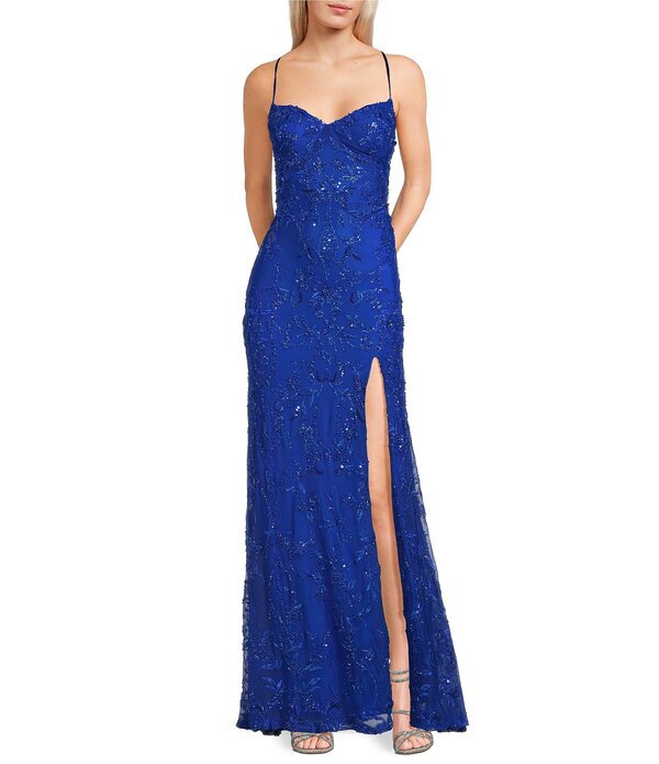 ビーダーリン レディース トップス ワンピース Vネック スパンコール レース B. Darlin Sequin Patterned V-Neck Side Inset Lace Up Back Long Dress Royal