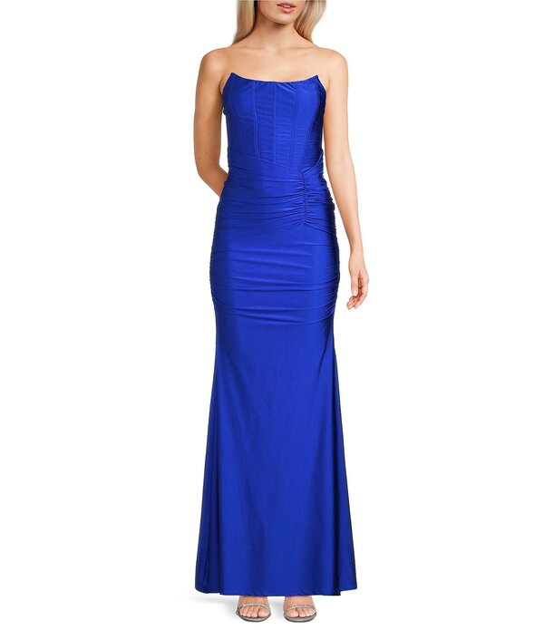 ハニーアンドロージー レディース トップス 衣装 Honey and Rosie Corseted Scoop Neck Shirred Flared Hem Long Dress Cobalt 藍緑色 レディースファッション-ワンピース
