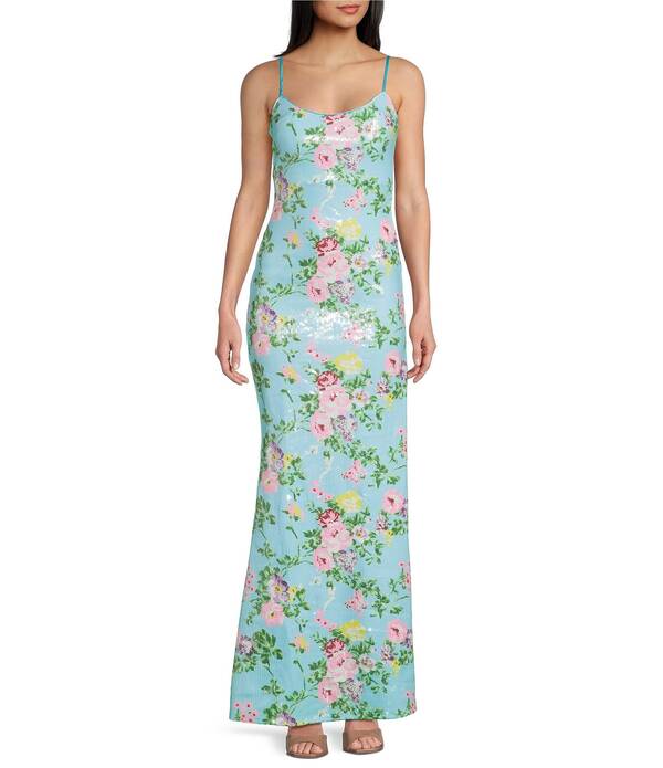 ハニーアンドロージー レディース トップス ワンピース カットアウト フラワー柄 スパンコール フラワー Honey and Rosie Sequin Floral Patterned Scoop Neck Back Cut Out Slip Dress Aqua/Multi アクア|ReVida 店