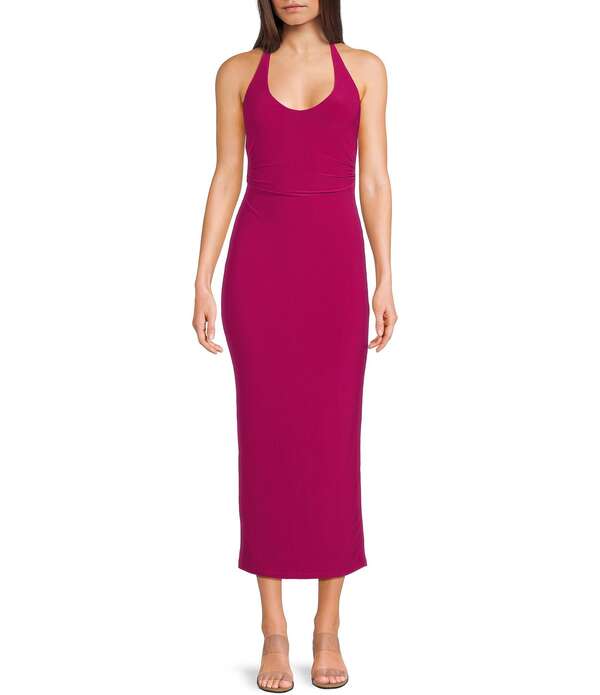ハニーアンドロージー レディース トップス ワンピース Vネック ミディ ホルター Honey and Rosie Halter V-Neck Tie Back Bodycon Midi Dress Berry