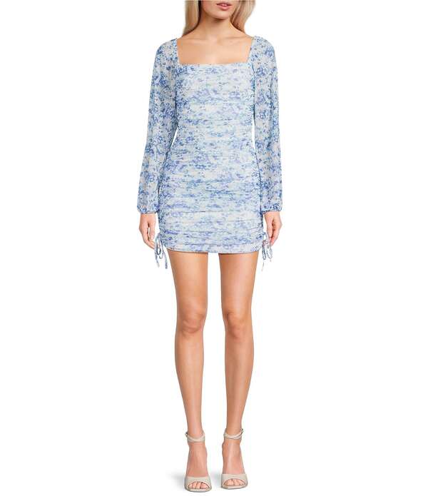 飛び降りる レディース トップス 衣装 お花柄 刷り上げる ギャザー メッシュ お花 Jump Floral Printed Mesh Square Neck Long Sleeve Ruched Tie Side Dress White/Blue 白いこと ワンピース-レディースファッション
