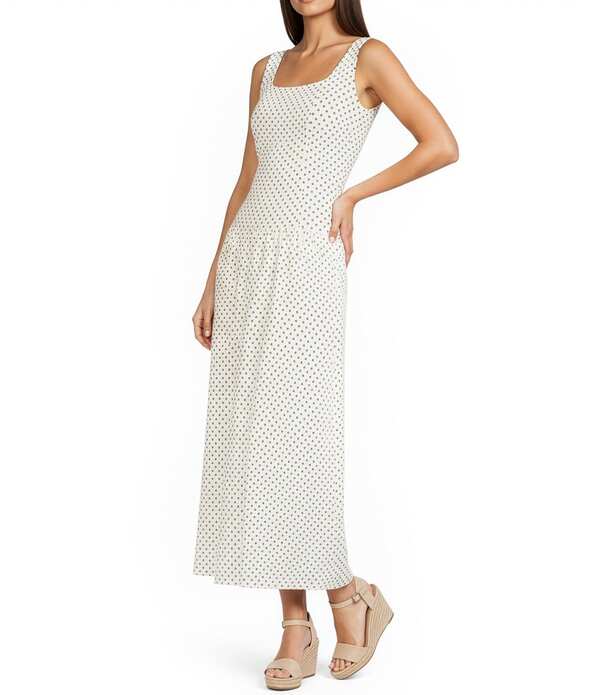 ジービー レディース トップス ワンピース ノースリーブ リネン マキシ GB Dotted Linen Blend Square Neck Sleeveless Drop Waist Maxi Dress Beige ベージュ