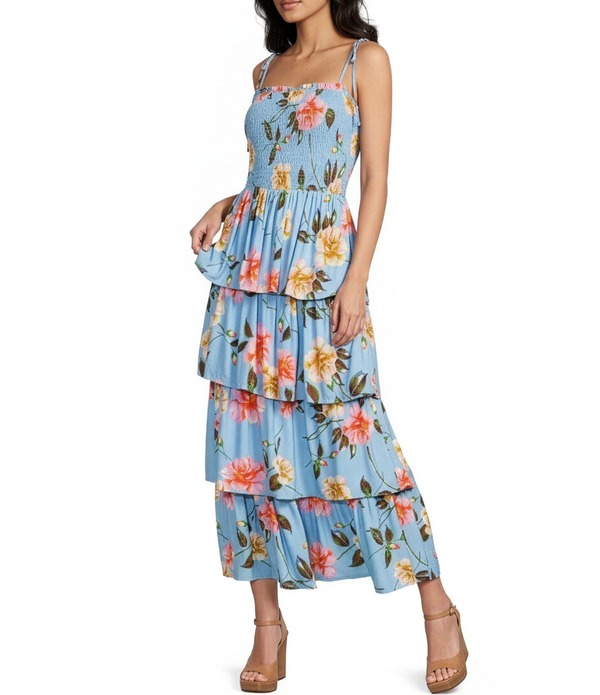 ジービー レディース トップス ワンピース ティアード フラワー柄 プリント フリル ノースリーブ マキシ フラワー GB Tiered Ruffle Floral Printed Square Neck Sleeveless Tie Shoulder Maxi Dress Blue flora ブルー｜ReVida 店