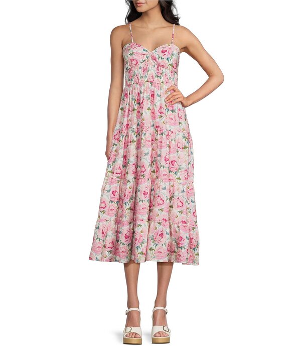 ディーエリー レディース トップス 衣装 御花柄 シャーリング マキシ 御花 Deelly Rose Floral Smocked Maxi Dress Hot Pink サクラ色
