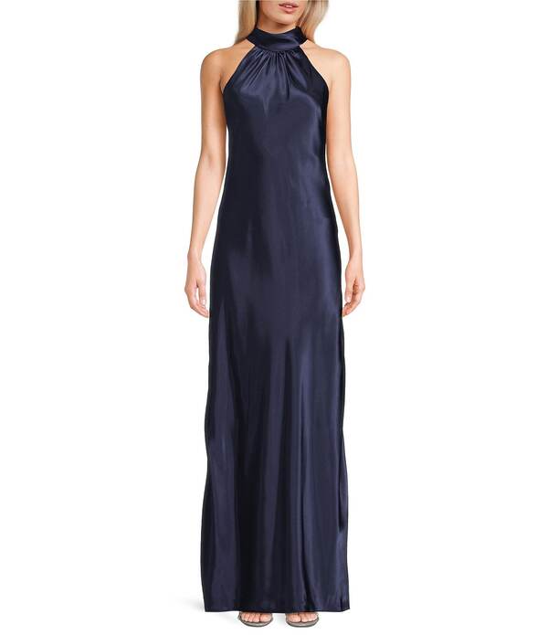 モルガン レディース トップス 衣装 モックネック ホルター Morgan \u0026 Co. Charmeuse Halter Mock Neck Tie Back Long Dress Navy 米国海軍 レディースファッション-ワンピース