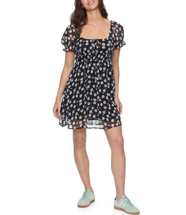 フラッグ アンド アンセム レディース トップス ワンピース プリント ミニ Flag and Anthem Aubrey Printed Puffed Sleeve Tie Front Mini Dress Black ブラック|ReVida 店