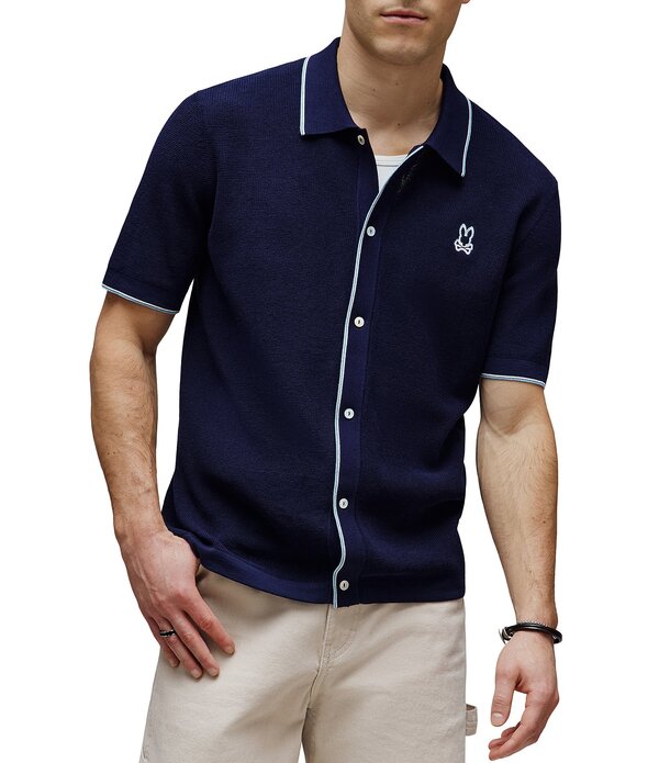 サイコバニー メンズ トップス プルオーバー 編み物 Psycho Bunny Lake Knit Short Sleeve Woven Shirt Evening Blue 青色 カジュアルシャツ-トップス-メンズファッション