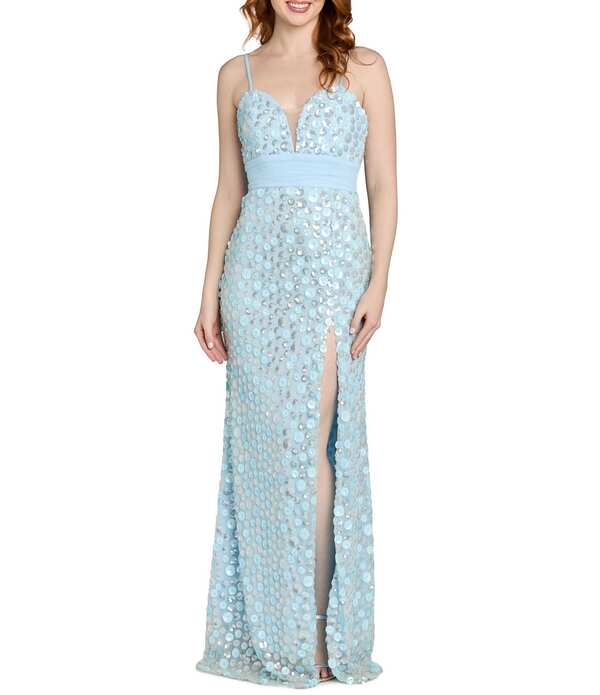 モルガン レディース トップス ワンピース サイドスリット Vネック Morgan & Co. Sweetheart V-Neck Paillette Side Slit Dress Blue ブルー