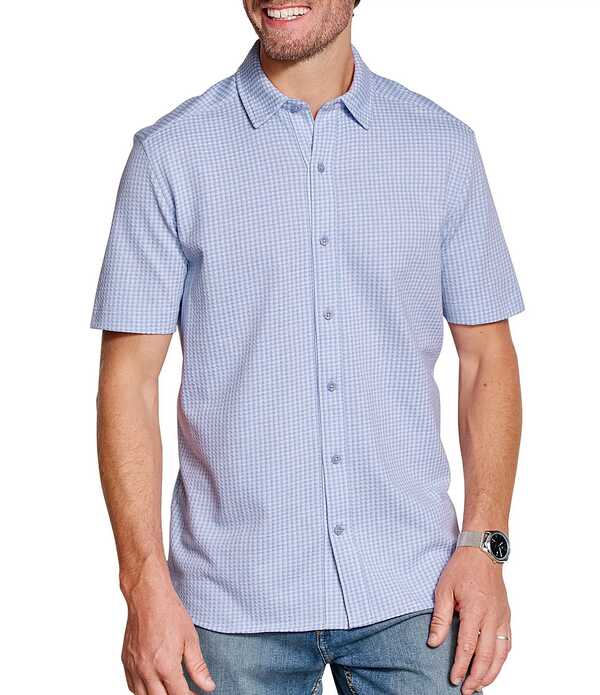 ジョンストンアンドマーフィー メンズ トップス シャツ ギンガムチェック ギンガム Johnston & Murphy Bennett Gingham Short Sleeve Woven Shirt Light Blue Gingham ブルー｜ReVida 店