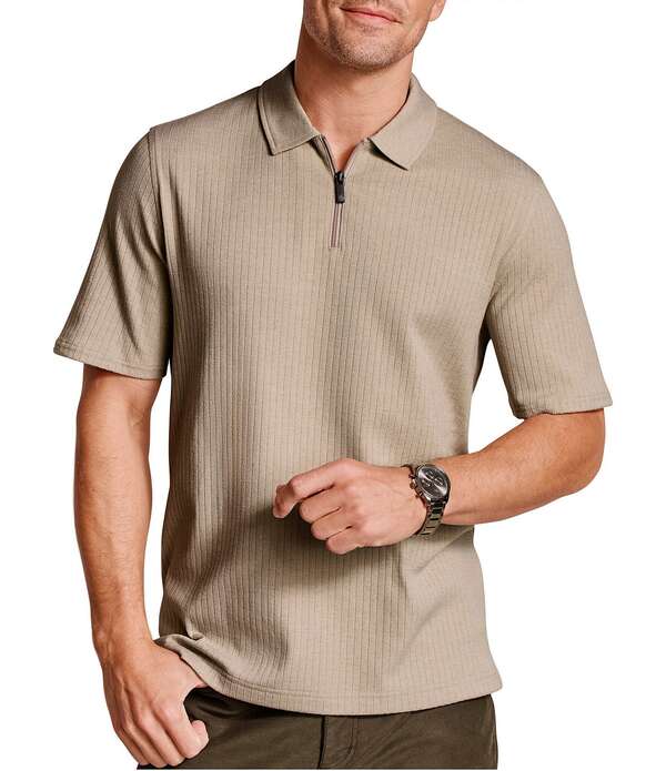 ジョンストンアンドマーフィー メンズ トップス シャツ リブ Johnston & Murphy Finn Ribbed Quarter-Zip Short Sleeve Polo Shirt Stone ストーン