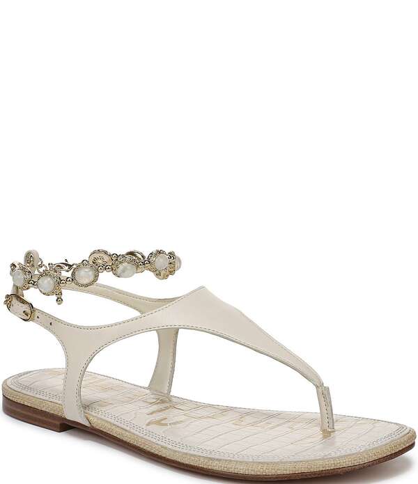 サムエデルマン レディース シューズ サンダル アンクル レザー Sam Edelman Canna 2 Leather Pearl Embellished Anklet-Strap Flat Sandals Modern Ivory アイボリー