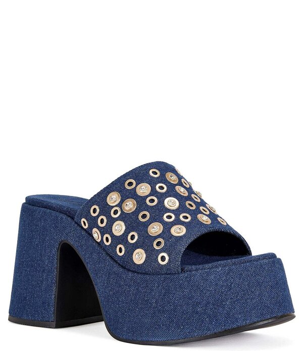 アザレア 一 レディース シューズ サンダル プラットホーム ジーンズ 踵 Azalea Wang Theodora Denim Studded Block Heel Platform Slide Sandals Denim ジーンズ