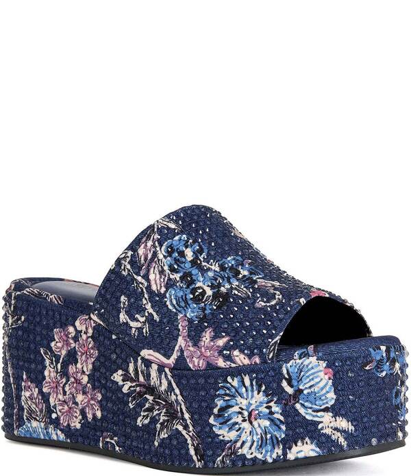 アザレア 一 レディース シューズ サンダル 御花柄 プラットホーム 刷り上げる 御花 Azalea Wang Rosalind Floral Print Rhinestone Studded Platform Wedge Slide Sandals Blue 青み