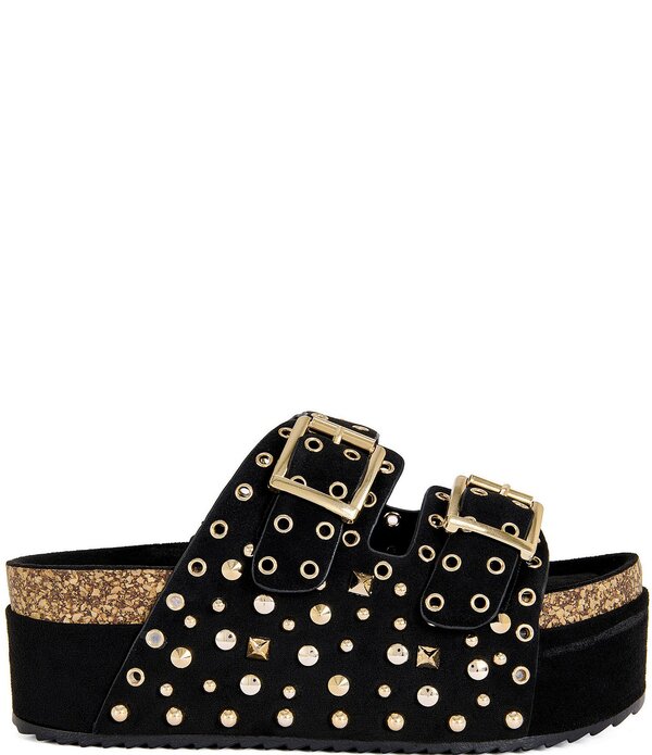 アザレア 一 レディース シューズ サンダル プラットホーム Azalea Wang Kaegan Studded Grommet Platform Slide Sandals Black 黒いこと