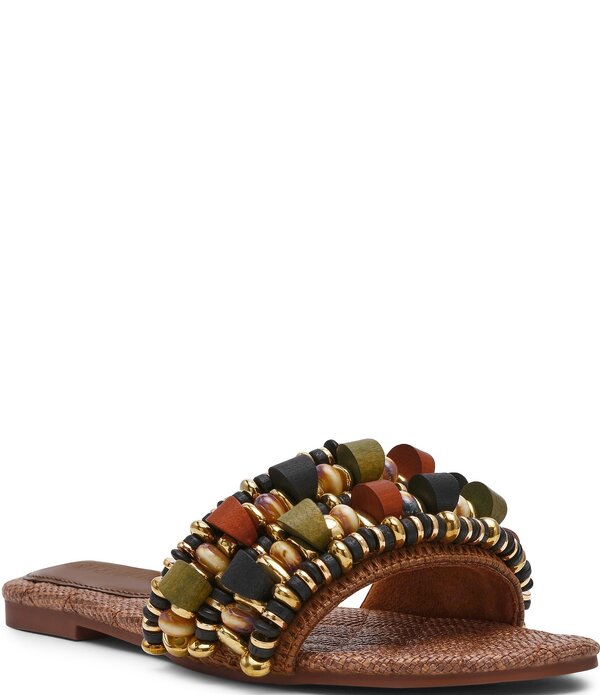 スティーブ マデン レディース シューズ パンプス サンダル Steve Madden Marika Raffia Beaded Ornament Flat Slide Sandals Brown 赤銅色