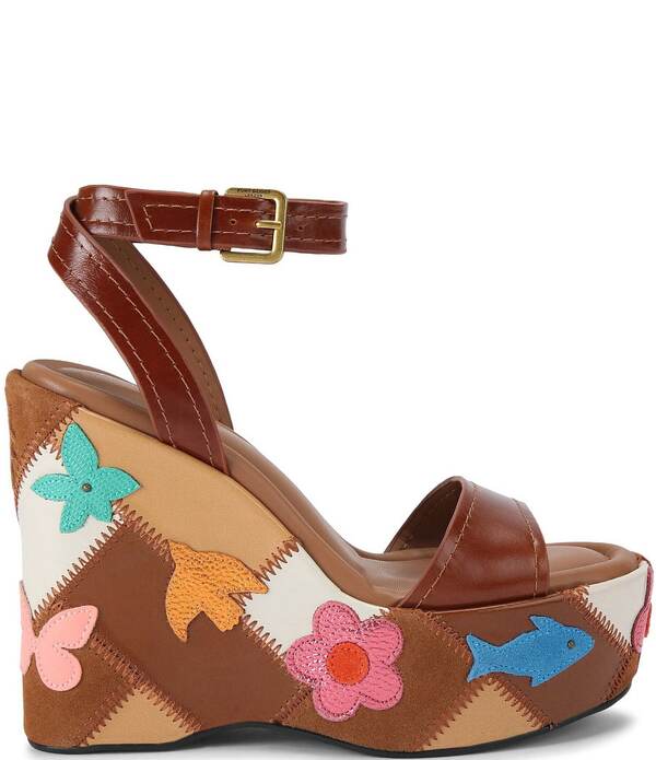 カートジェイガーロンドン レディース シューズ サンダル プラットフォーム パッチワーク スエード レザー Kurt Geiger London Leather and Suede Patchwork Platform Wedge Sandals Open Brown ブラウン