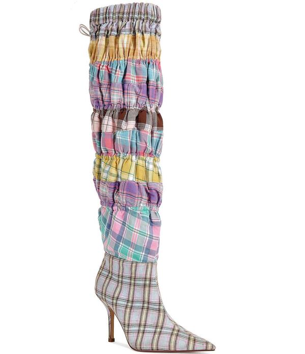 アザレア ワン レディース シューズ ヒール ブーツ Azalea Wang Elodie Mixed Plaid Stretch Over The Knee Boots Pink Multi ピンク｜ReVida 店