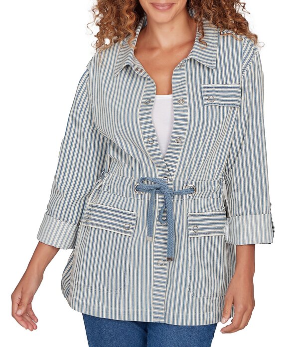 ルビーアールディー レディース アウター コート コットン ジャケット Ruby Rd. Cotton Blend Stripe Point Collar Long-Roll Tab Sleeve Anorak Jacket White/Indigo ホワイト