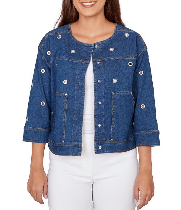 ルビーアールディー レディース アウター コート デニム ジャケット Ruby Rd. Allover Grommet Accents 3/4 Sleevextra Stretch Denim Jacket Indigo インディゴ|ReVida 店