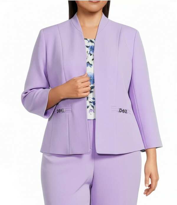 カスパール レディース アウター 厚地の外套 粘土付け加える大いさ ジレー 上衣 Kasper Plusize Crepe Seamed Buckle Trim Pockets Cardigan Jacket Lavender Mist ラベンダー レディースファッション-コート・ジャケット