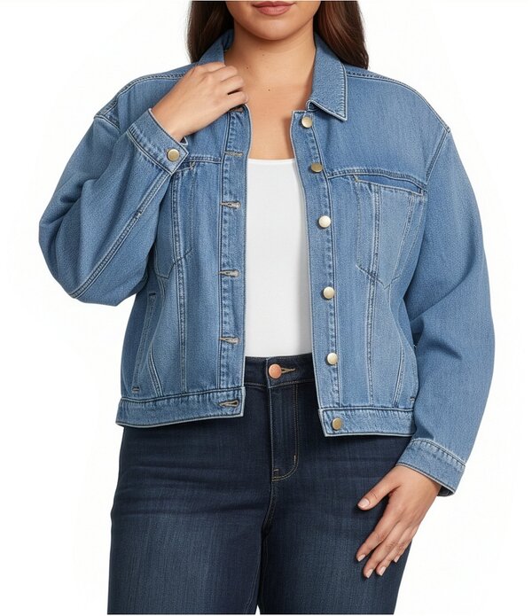 デモクラシー レディース アウター コート プラスサイズ デニム ジャケット Democracy Plusize Point Collar Long Sleeve High-Low Hem Button Front Denim Jacket Light Blue ブルー|ReVida 店
