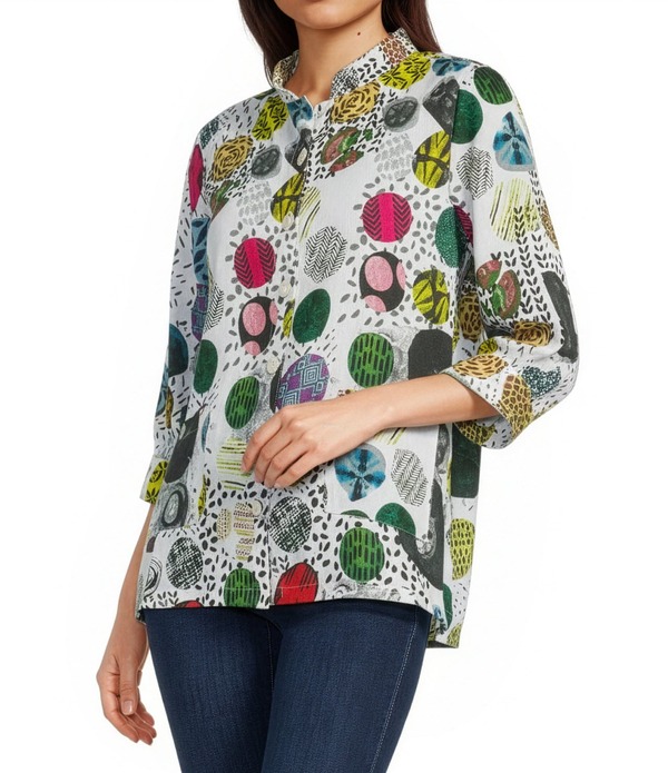 アリ マイルス レディース アウター コート ジャケット Ali Miles Woven All Over Multi Coloredotstand Collar 3/4 Sleeve Button Front Jacket Abstract Multi マルチカラー｜ReVida 店
