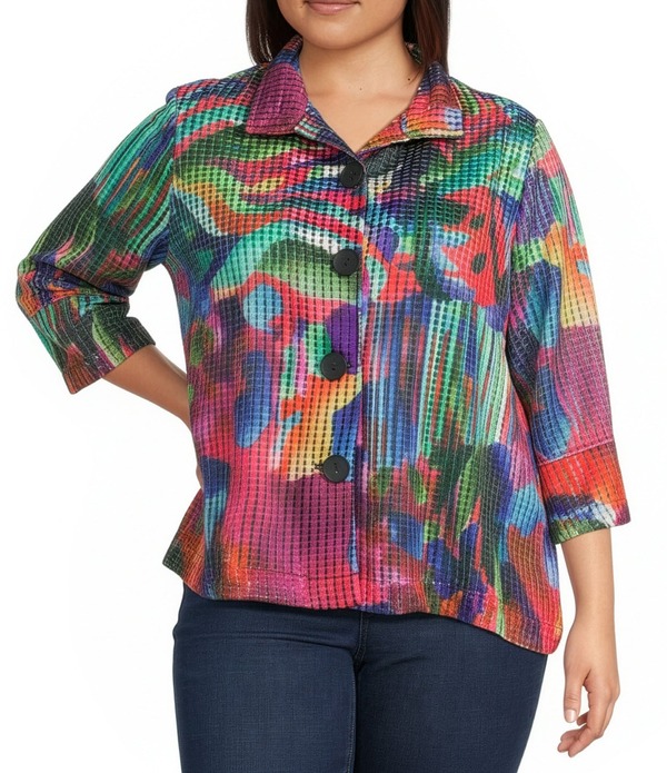 アリ マイルス レディース アウター コート プラスサイズ プリント ジャケット Ali Miles Plusize Abstract Multi Print Wire Collar 3/4 Sleeve Button Front Jacket Abstract Multi マルチカラー|ReVida 店