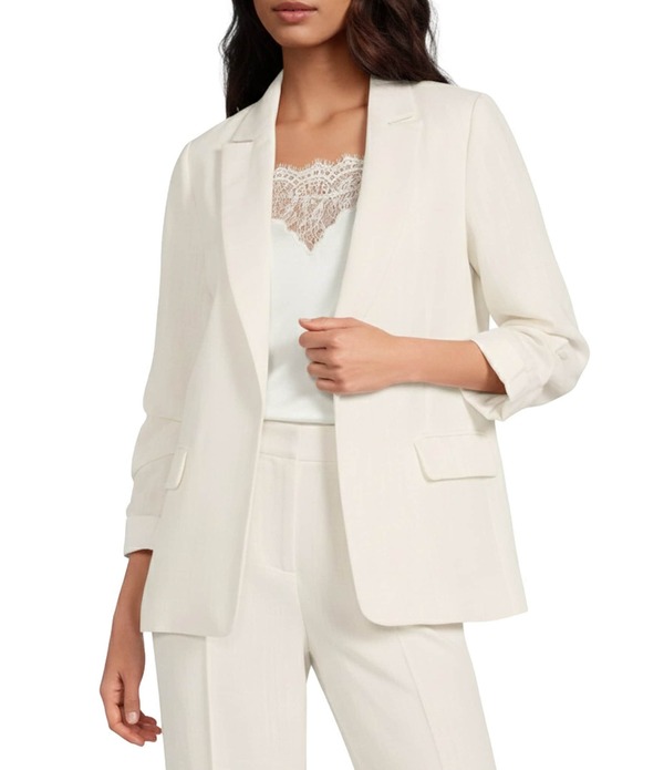 スカイズアブルー レディース アウター コート プチ ブレザー リネン Skies Are Blue Petite Size Linen Blend Notch Lapel Cinched 3/4 Sleeve Open Front Coordinating Blazer Ecru エクリュ 22,578円