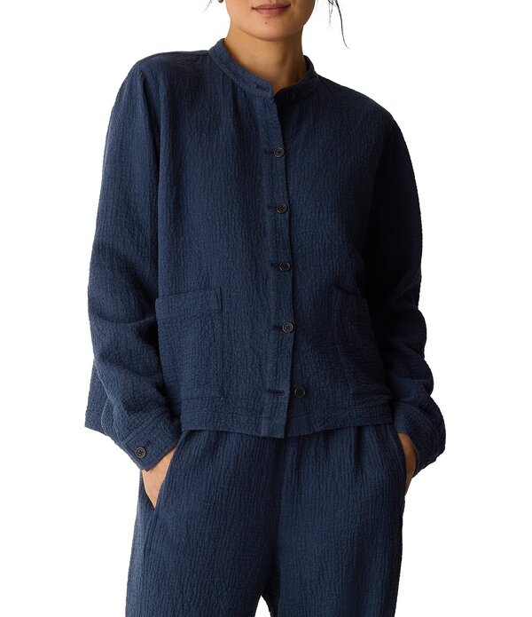 エイリーンフィッシャー レディース アウター コート ジャケット Eileen Fisher Crinkle Doubleweave Mandarin Collar Long Sleeve Jacket Ink