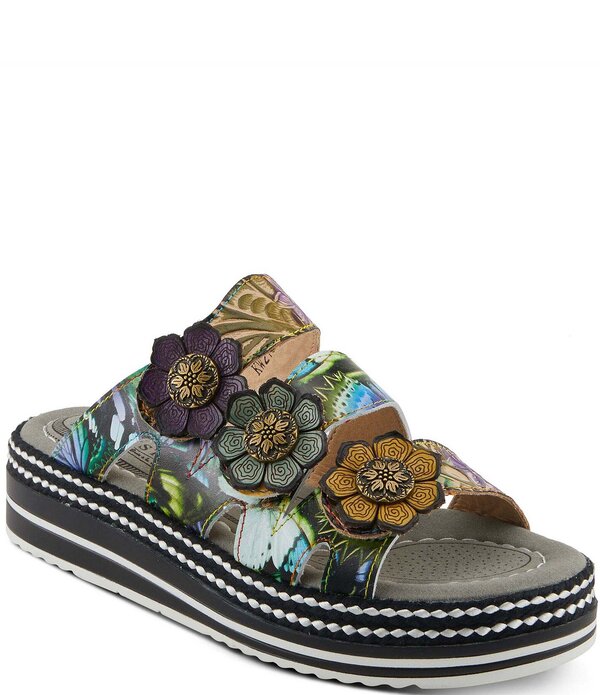 ラリティステ レディース シューズ サンダル プラットフォーム プリント レザー L'ARTISTE Naomi-Monarch Butterfly Print Leather Flower Ornaments Platform Slide Sandals Olive Multi オリーブ