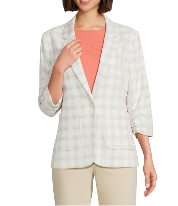 インベストメンツ レディース アウター コート プチ ギャザー ブレザー Investments Petite Size Plaid 3/4 Ruched Sleeve Notch Lapelined Button Front Blazer Cream Plaid クリーム 28,980円