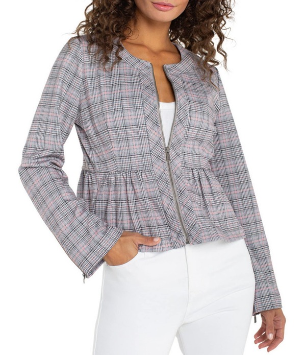 リヴァプール ロサンゼルス レディース アウター コート ニット ジャケット Liverpoolos Angeles Plaid Knit Round Neck Long Sleeve Peplum Jacket Grey/Blush Plaid グレー