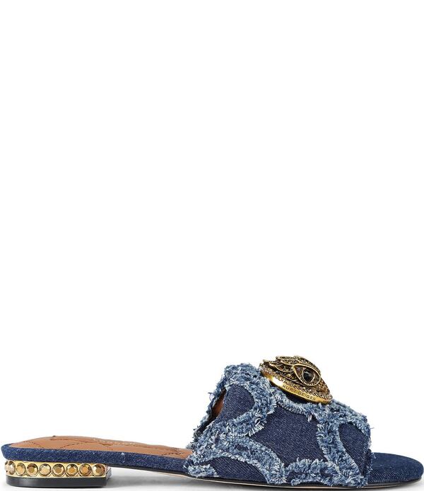 カートジェイガーロンドン レディース シューズ パンプス 御花柄 サンダル ジーンズ ロゴタイプ 御花 Kurt Geiger London Kensington Denim Floral Detailogo Studded Flat Slide Sandals Blue 青み